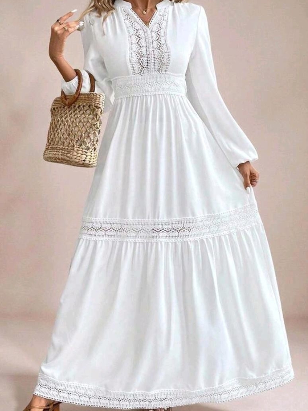 Elegant White Crochet-Trim Maxi Dress with Smocked Waist